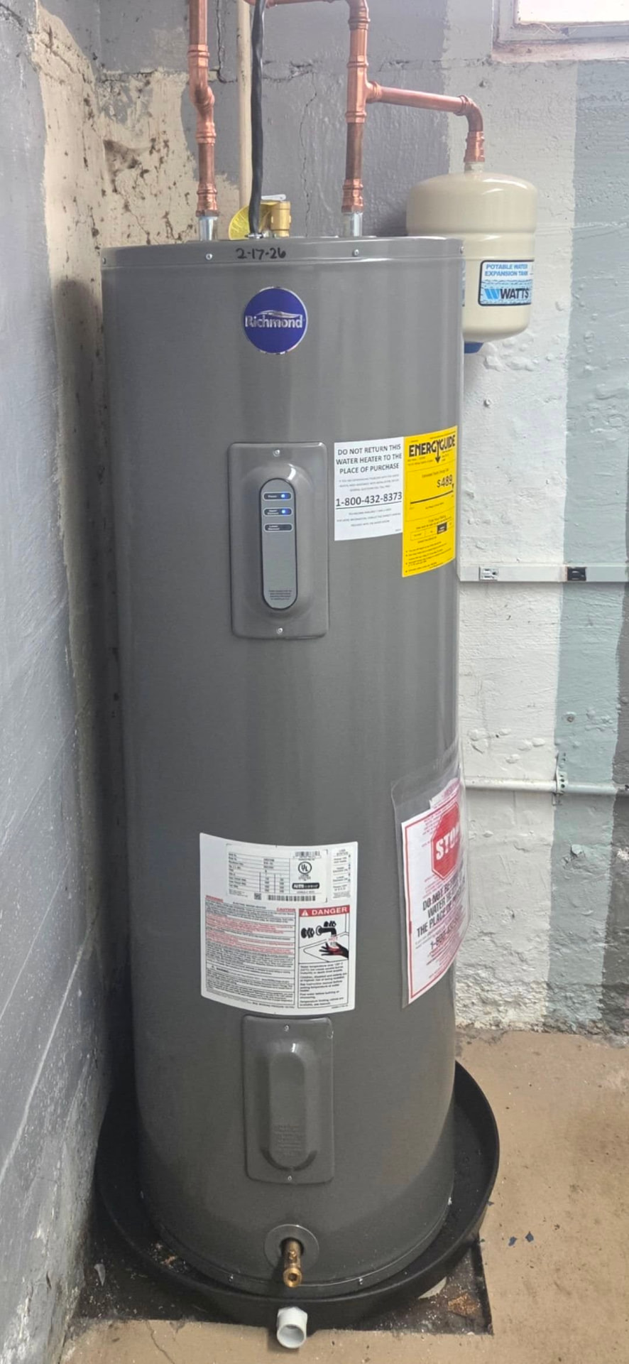 New electric water heater with copper connections