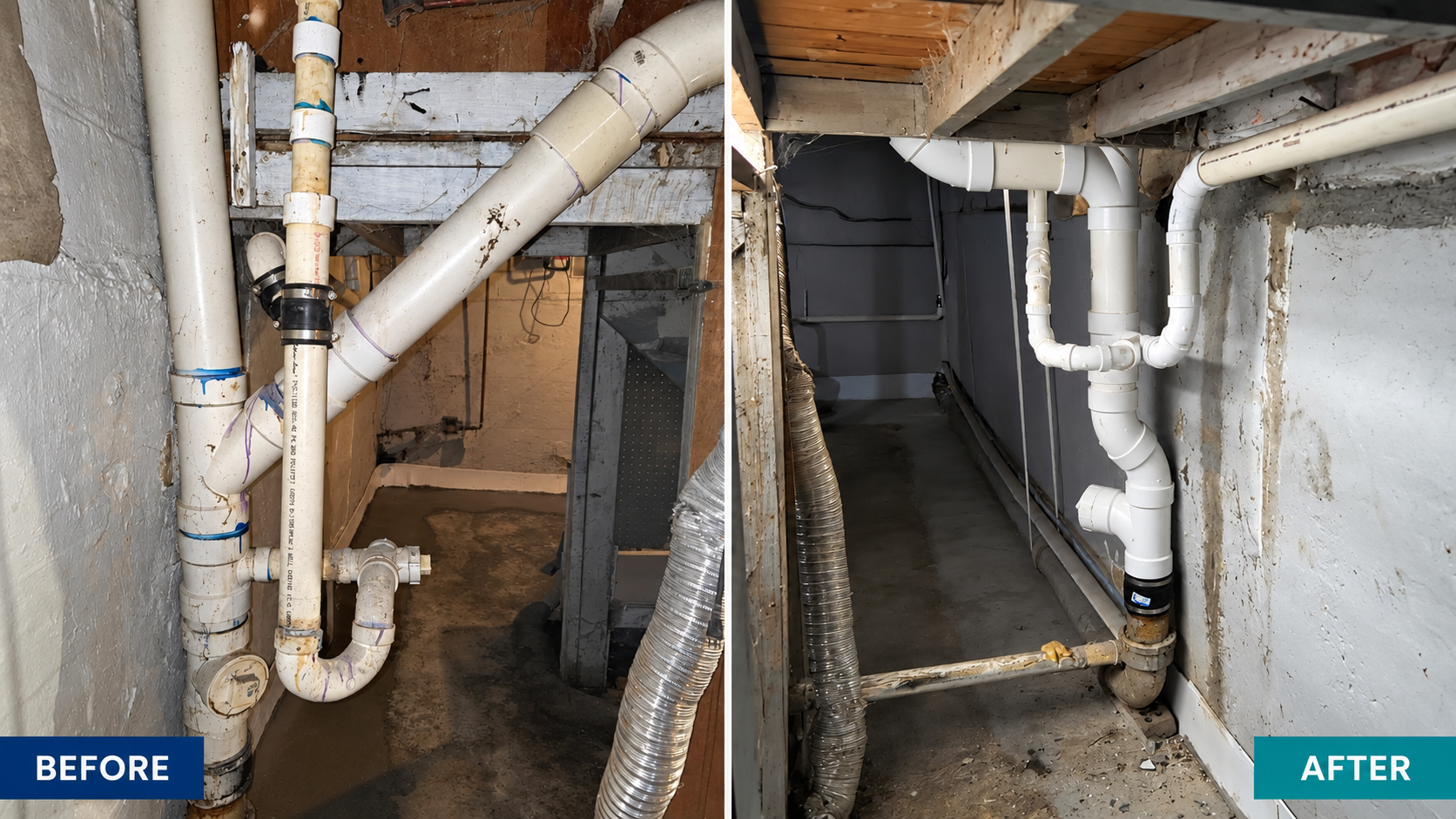 Before and after drain piping replacement