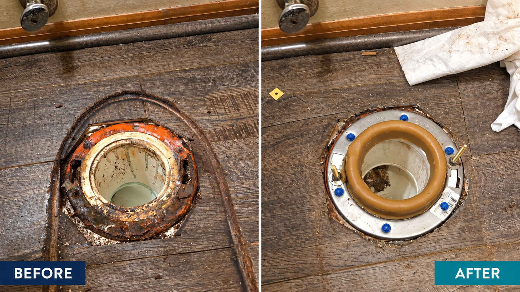 Before and after view of a toilet flange replacement