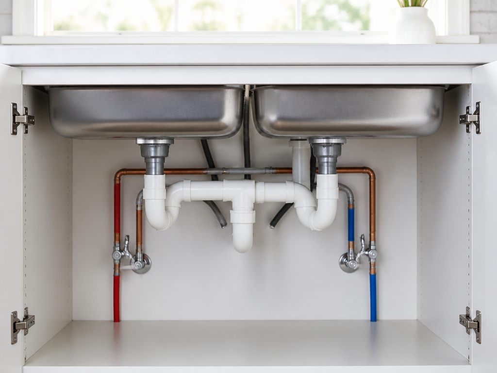 Residential kitchen sink plumbing with supply lines and drain piping